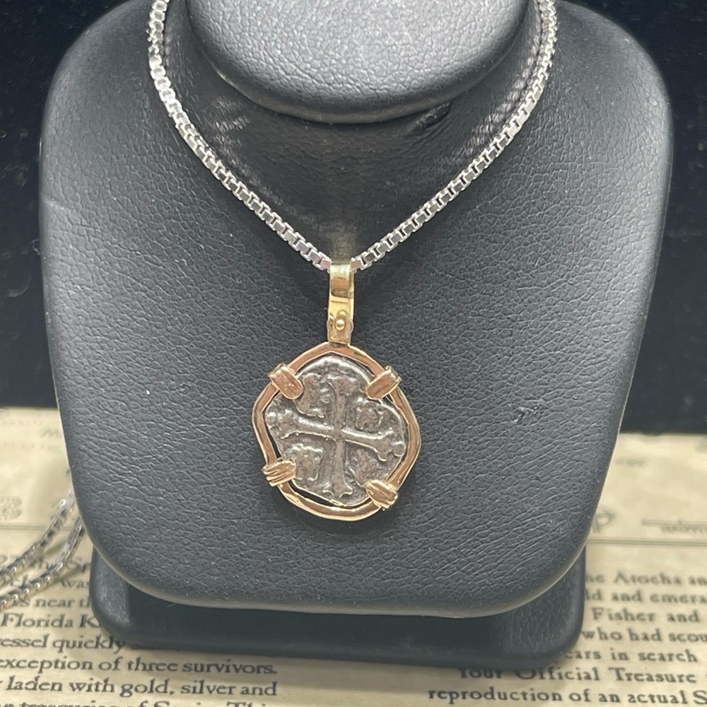 Atocha silver coin pendant in 14k gold bezel with 925 sterling silver chain